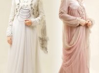 Gaun pengantin muslim modern dengan kombinasi layer dan motif polos