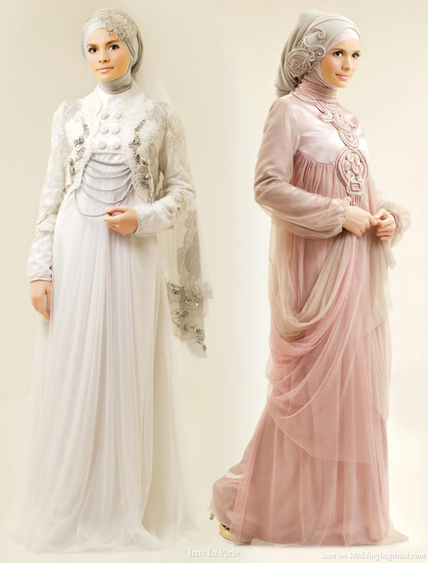 Gaun pengantin muslim modern dengan kombinasi layer dan motif polos